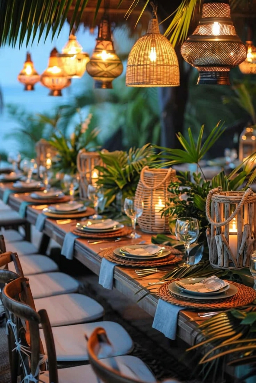 Long table dinner on the beach at dusk